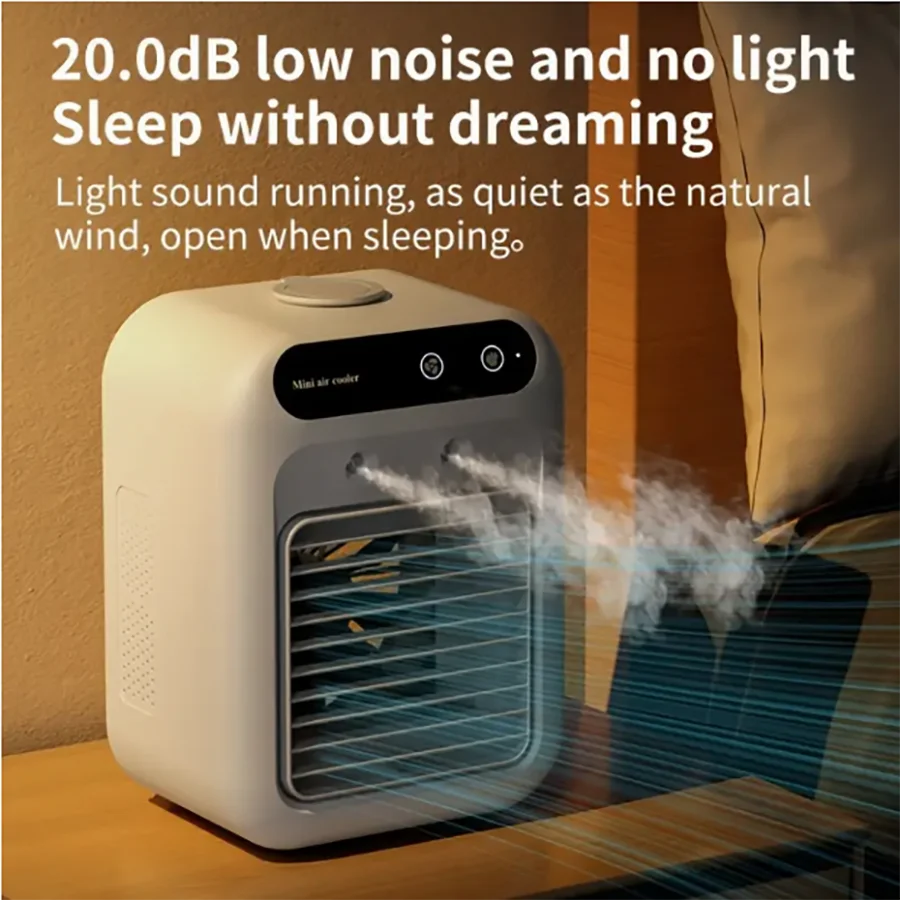 Portable mini desktop air conditioner fan, low noise, powerful humidifier and cooling function, USB charging, transparent design