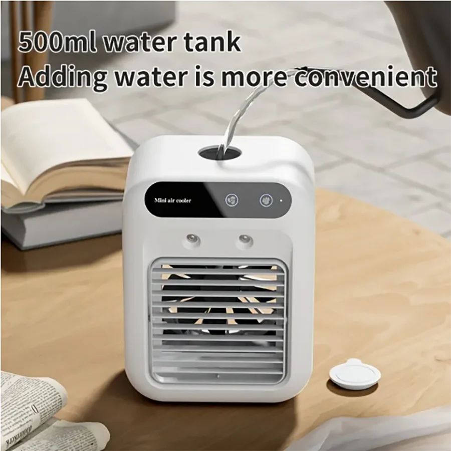 Portable mini desktop air conditioner fan, low noise, powerful humidifier and cooling function, USB charging, transparent design