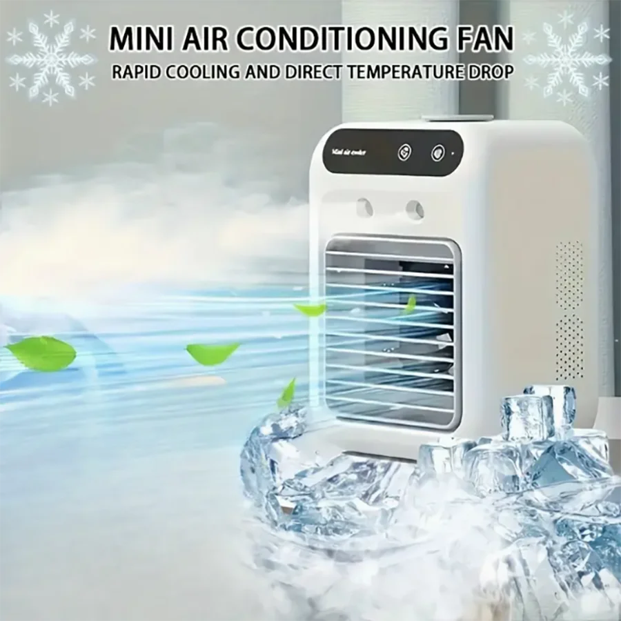 Portable mini desktop air conditioner fan, low noise, powerful humidifier and cooling function, USB charging, transparent design