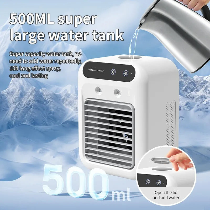 Portable mini desktop air conditioner fan, low noise, powerful humidifier and cooling function, USB charging, transparent design